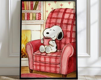 Snoopy Coffee Fireplace Armchair Poster | Cute Dog Red Cozy Living Room Wall Art | Warm Watercolor Bedroom Living Room Home Decor Print