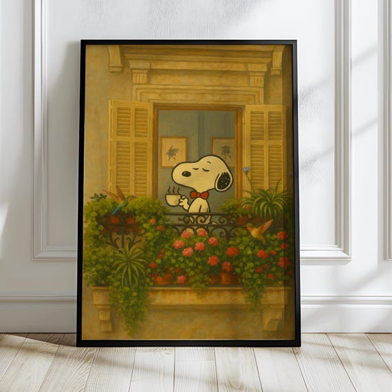 Snoopy Morning Coffee Poster | Cozy Balcony Wall Art | Cute Dog Vintage Print | Whimsical Cartoon Home Decor | Retro Relaxed Artwork