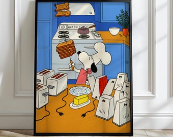 Snoopy Toast Butter Kitchen Poster | Funny Dog Chef Toaster Blue Wall Art | Humor Chaos Cooking Dining Room Living Room Home Decor Print