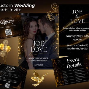 Biglietto di nozze glamour personalizzato, modello di invito fai da te, design digitale elegante, annuncio personalizzato modificabile, invito stampabile elegante
