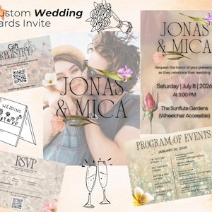 Modèle de carte d'invitation de mariage, faire-part de mariage floral, carte personnalisée numérique et imprimable, thème fantaisie élégant, téléchargement immédiat au format PDF