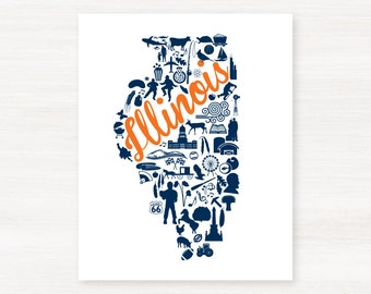 Chicago, Illinois Landmark State Giclée Map Art Print - 8x10 -  Orange  and Blue Print- Graduation Gift Idea - Dorm Decor