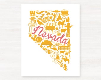 Nevada Landmark Custom State Map Art Print - 8x10 Giclée - Great Graduation Gift Idea - Unique Dorm Decor