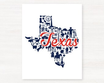 Texas Landmark Custom State Map Art Print - 8x10 Giclée Print - Great Graduation Gift Idea - Unique Dorm Decor