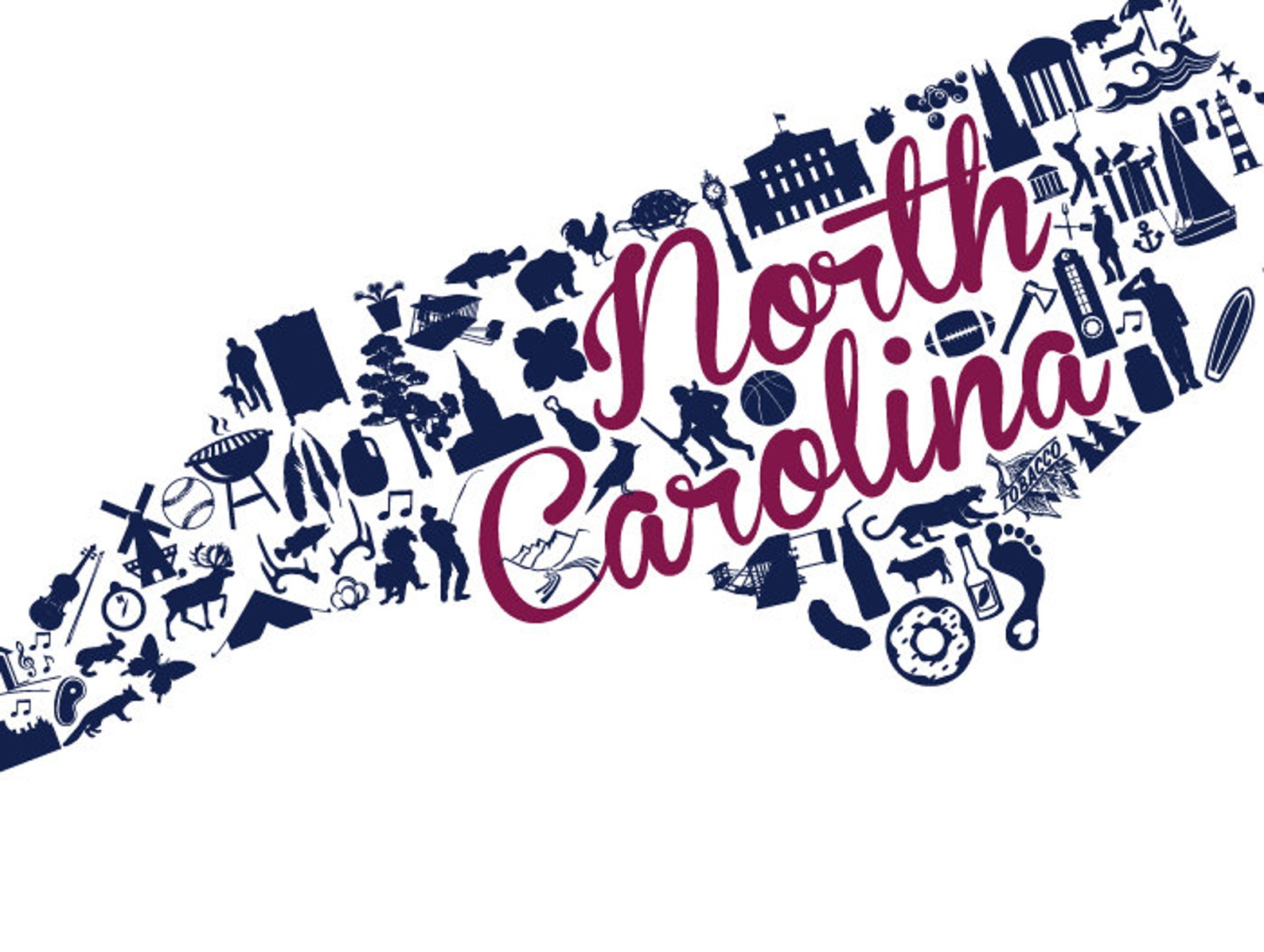 North Carolina Landmark Custom State Map Art Print 8x10 Etsy