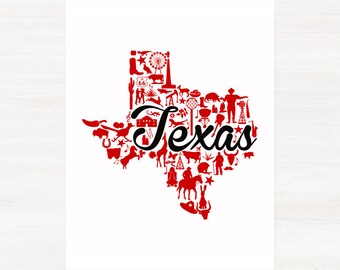 Lubbock, Texas Landmark State Giclée Map Art Print - 8x10 - Graduation Gift Idea - Dorm Decor
