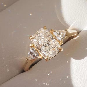 Three Stone Engagement Ring Elongated Cushion Cut Diamond with Side Trillion Lab Grown Diamond Wedding Gift IGI Certified Ring For Women