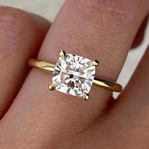Cushion Cut Lab Grown Diamond Solitaire Ring: 14K Gold Wedding Anniversary