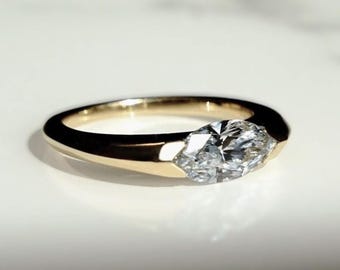 Marquise Cut East To West Set Lab Grown Diamond Solitaire Ring, Lab Created Diamond Engagement Ring, Half Bezel Setting Wedding Ring For Her