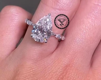 Vintage Pear Shaped Lab Grown Diamond Engagement Ring, Unique 3CT Teardrop Lab Diamond Ring, 14k Gold Marquise Ring Certified Diamond Ring
