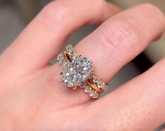 3CT ovale moissaniet bruidsringset: 14 kt gouden trio jubileumcadeau