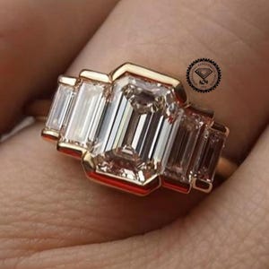 2.50CT Emerald Cut Lab Grown Diamond Bar Set Five Stone Engagement Ring, Certified Diamond 14K Solid Gold Wedding Ring For Woman Bridal Ring