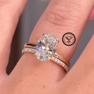 2 CT Oval Lab Grown Diamond Engagement Ring Set With Diamond Wedding Band Solitaire Oval Engagement Ring For Her Gold Promise Ring