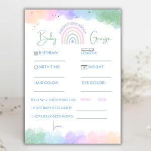 Modèle personnalisé arc-en-ciel aquarelle pour jeu de prédictions de baby shower, prédictifs imprimables modifiables pour baby shower, baby shower personnalisable bohème