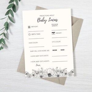 Modèle minimaliste floral personnalisé pour le jeu de prédictions de baby shower, jeu de prédictions de baby shower imprimable modifiable baby shower personnalisable
