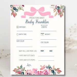 Modèle personnalisé de coquette florale avec noeud pour baby shower, jeu de prédictions imprimable, modifiable, jeu de prédictions de baby shower personnalisable
