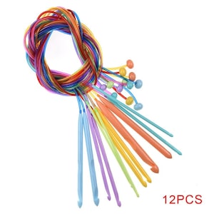 Tunisian Crochet Hook Set on Cable - Includes 12 Long hooks (48"), 3mm-10mm, Extended Afghan Hooks on Cord, Plastic Lightweight (Colorful)