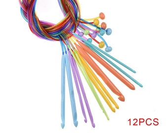 Tunisian Crochet Hook Set on Cable - Includes 12 Long hooks (48"), 3mm-10mm, Extended Afghan Hooks on Cord, Plastic Lightweight (Colorful)