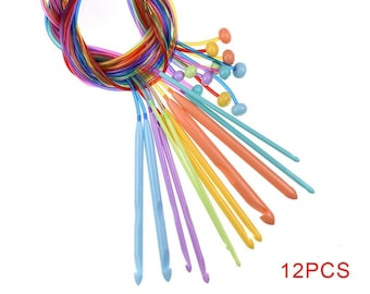 Tunisian Crochet Hook Set on Cable - Includes 12 Long hooks (48"), 3mm-10mm, Extended Afghan Hooks on Cord, Plastic Lightweight (Colorful)