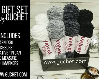 Yarn Gift Set- FREE SHIPPING, Black Velvet, Gift for her, Yarn for Crocheting, Velvet Yarn, Yarn for Knitting, Guchet