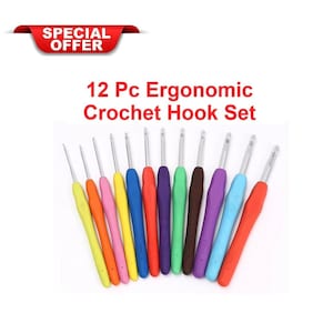 May include: A set of twelve ergonomic crochet hooks with colorful handles in yellow, orange, pink, blue, purple, green, and red. The text "12 Pc Ergonomic Crochet Hook Set" is displayed.