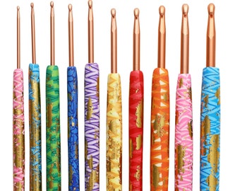Crochet Hooks - Rose Gold Tips - Colorful Ergo Handle with Gold Flakes - Set Includes 10 Pieces - Gift for Crocheter, GuChet Crocheting Yarn