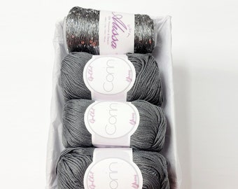 Yarn Gift Set - Silk/Cashmere & Sequins Yarn - Gift for Yarn Lover, Silk Yarn, Gift for Knitter, Yarn for Wedding Dress, GRAY