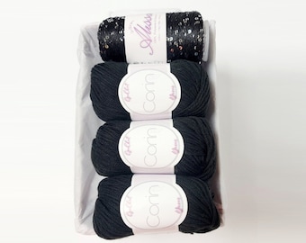 Yarn Gift Set - Silk/Cashmere & Sequins Yarn - Gift for Yarn Lover, Silk Yarn, Gift for Knitter, Yarn for Wedding Dress, BLACK AND SILVER