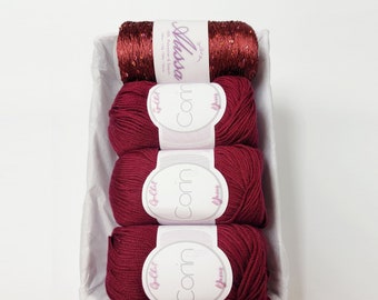 Yarn Gift Set - Silk/Cashmere & Sequins Yarn - Gift for Yarn Lover, Silk Yarn, Gift for Knitter, Yarn for Wedding Dress, MAROON