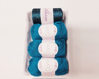 Yarn Gift Set - Silk/Cashmere & Sequins Yarn - Gift for Yarn Lover, Silk Yarn, Gift for Knitter, Yarn for Wedding Dress, DARK TEAL