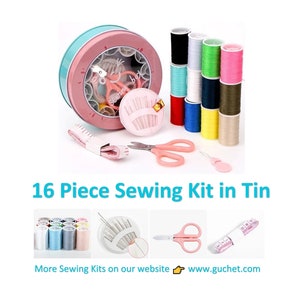 May include: A pink and blue sewing kit in a tin container with 16 pieces, including thread spools, needles, scissors, and a measuring tape. The kit is labeled "Sewing Box".