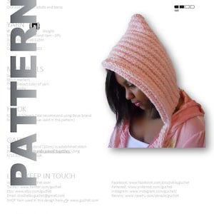 May include: A crochet pattern for a pink pixie hat. The pattern is labeled "Easy" and includes instructions for yarn, hook, and gauge. The pattern also includes contact information for the designer and a legal notice.
