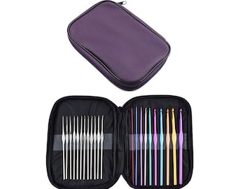 May include: A purple carrying case with a zipper closure, open to reveal a set of 16 crochet hooks. The hooks are arranged in two rows, with the top row containing 8 silver hooks and the bottom row containing 8 colorful hooks.