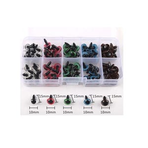 May include: A clear plastic storage box with 10 compartments filled with assorted plastic safety eyes for crafts. The eyes are 15mm in diameter and come in clear, red, green, blue, and brown colors.
