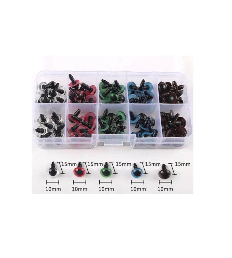 May include: A clear plastic storage box with 10 compartments filled with assorted plastic safety eyes for crafts. The eyes are 15mm in diameter and come in clear, red, green, blue, and brown colors.