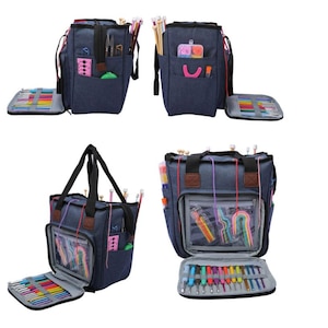 May include: A blue canvas knitting bag with multiple pockets and compartments. The bag is open to reveal a variety of knitting needles and other supplies. The bag has a zipper closure and two top handles.