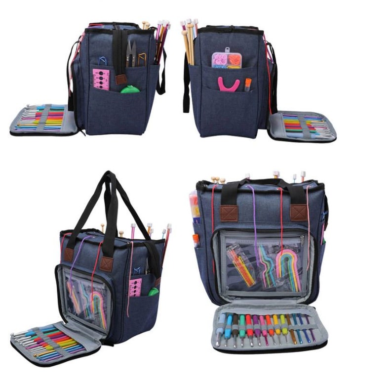 May include: A blue canvas knitting bag with multiple pockets and compartments. The bag is open to reveal a variety of knitting needles and other supplies. The bag has a zipper closure and two top handles.