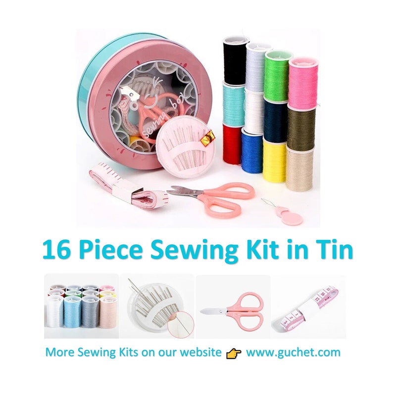 May include: A pink and blue sewing kit in a tin container with 16 pieces, including thread spools, needles, scissors, and a measuring tape. The kit is labeled "Sewing Box".