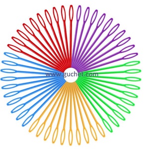 May include: A set of 50 colourful plastic needles arranged in a circle. The needles are red, purple, green, blue, and yellow. The needles are all the same size and have a small loop at the end. The needles are used for crocheting.