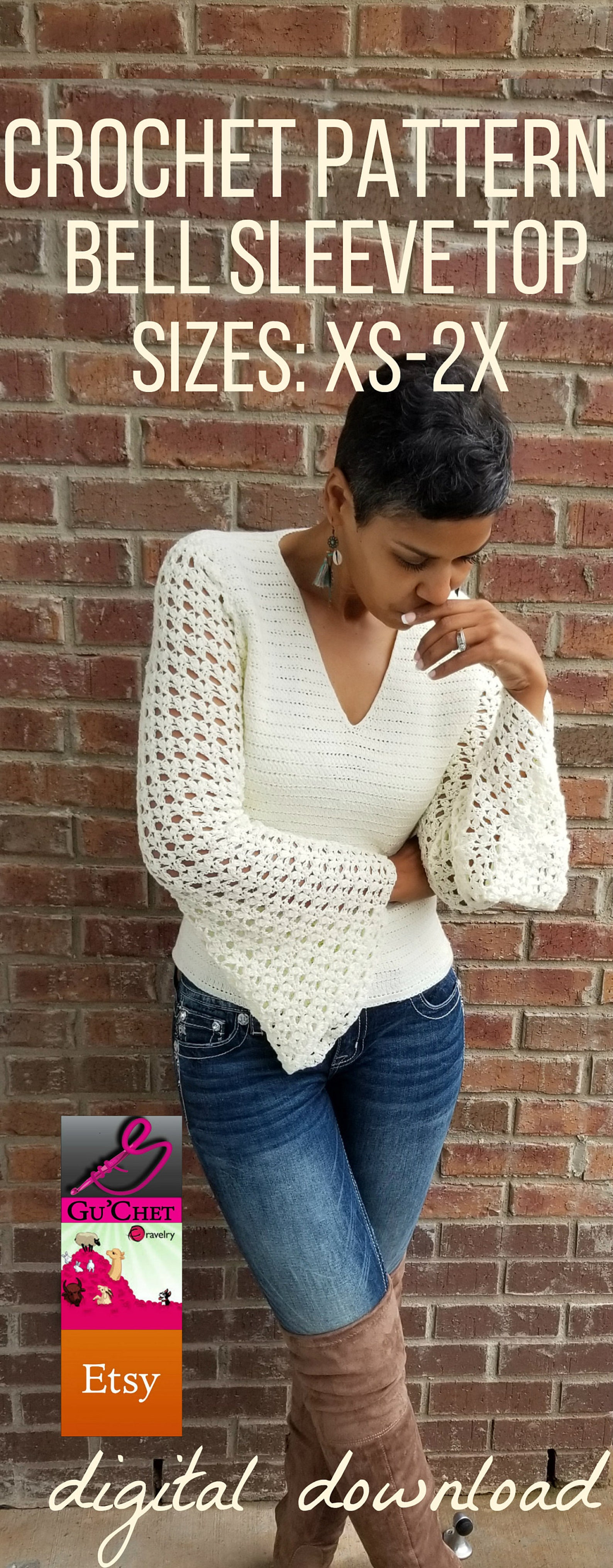 Crochet Top Pattern, Crochet Clothing Pattern, Bell Sleeve, Crochet