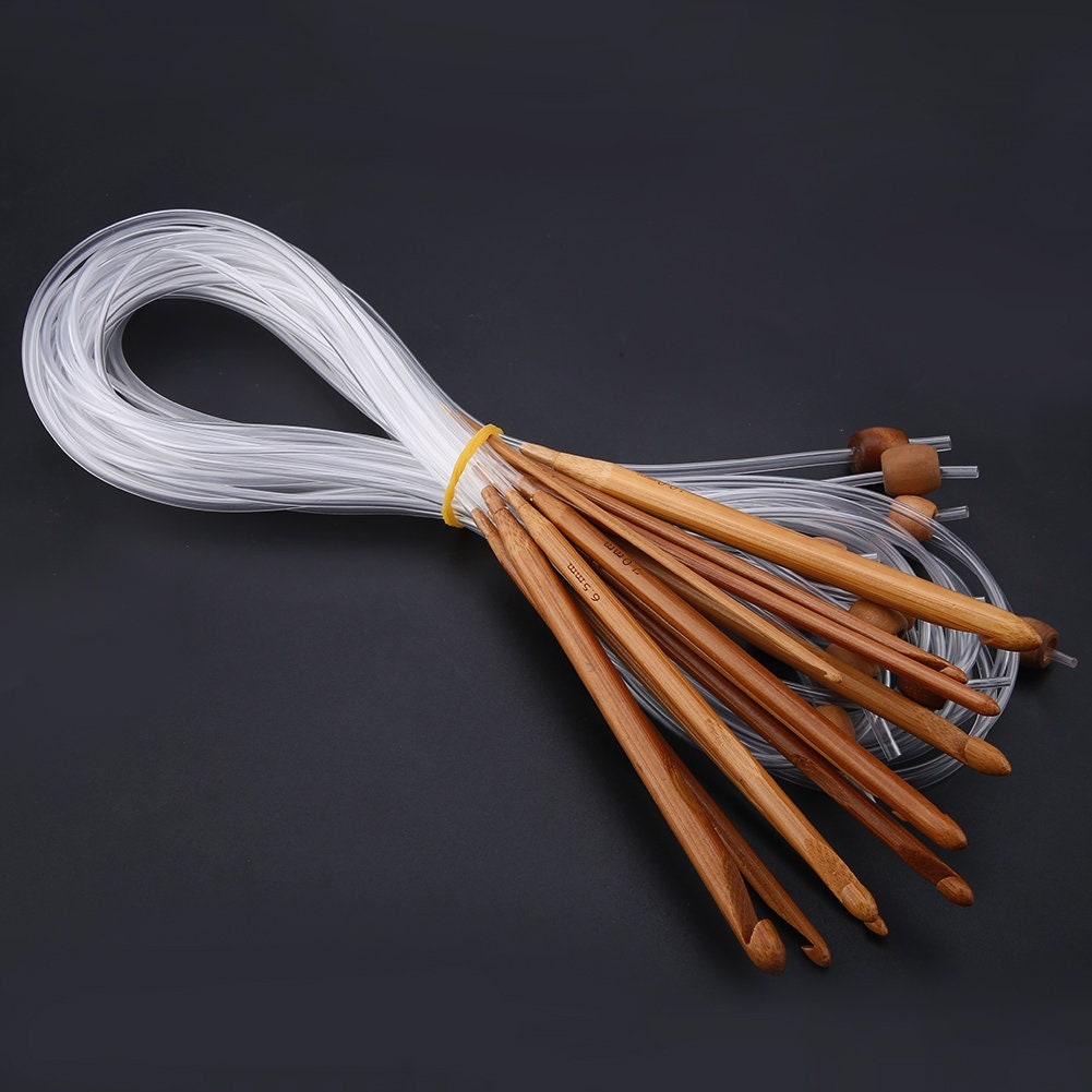 Tunisian Crochet Hook Set on Cable - Includes 12 Long hooks (48"), 3mm-10mm, Extended Afghan Hooks on Cord Lightweight (Bamboo)