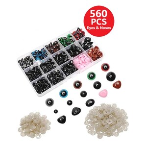 May include: A clear plastic container filled with a variety of black, brown, blue, green, and pink plastic eyes and noses. The container is labeled "560 PCS Eyes & Noses". There are also loose plastic eyes and noses in different sizes and colors scattered around the container.