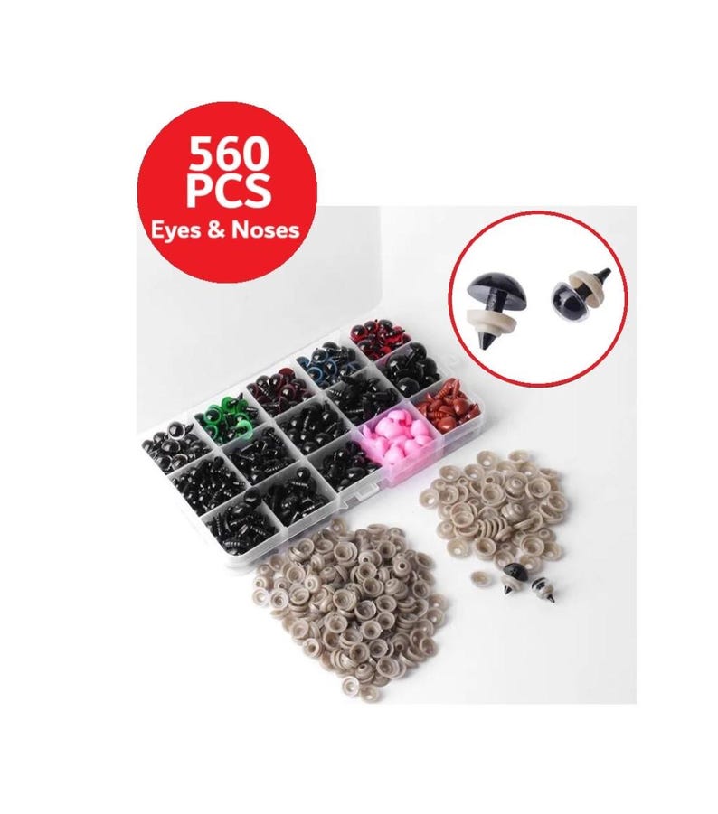 May include: A clear plastic container filled with a variety of colorful plastic eyes and noses. The container is labeled "560 PCS Eyes & Noses". There are also loose plastic eyes and noses in the image.