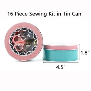 May include: A pink and turquoise sewing kit in a round tin can with a clear lid. The lid has a smiling face and the words "sewing box" written on it. The kit contains 16 pieces and measures 4.5 inches in diameter and 1.8 inches in height.