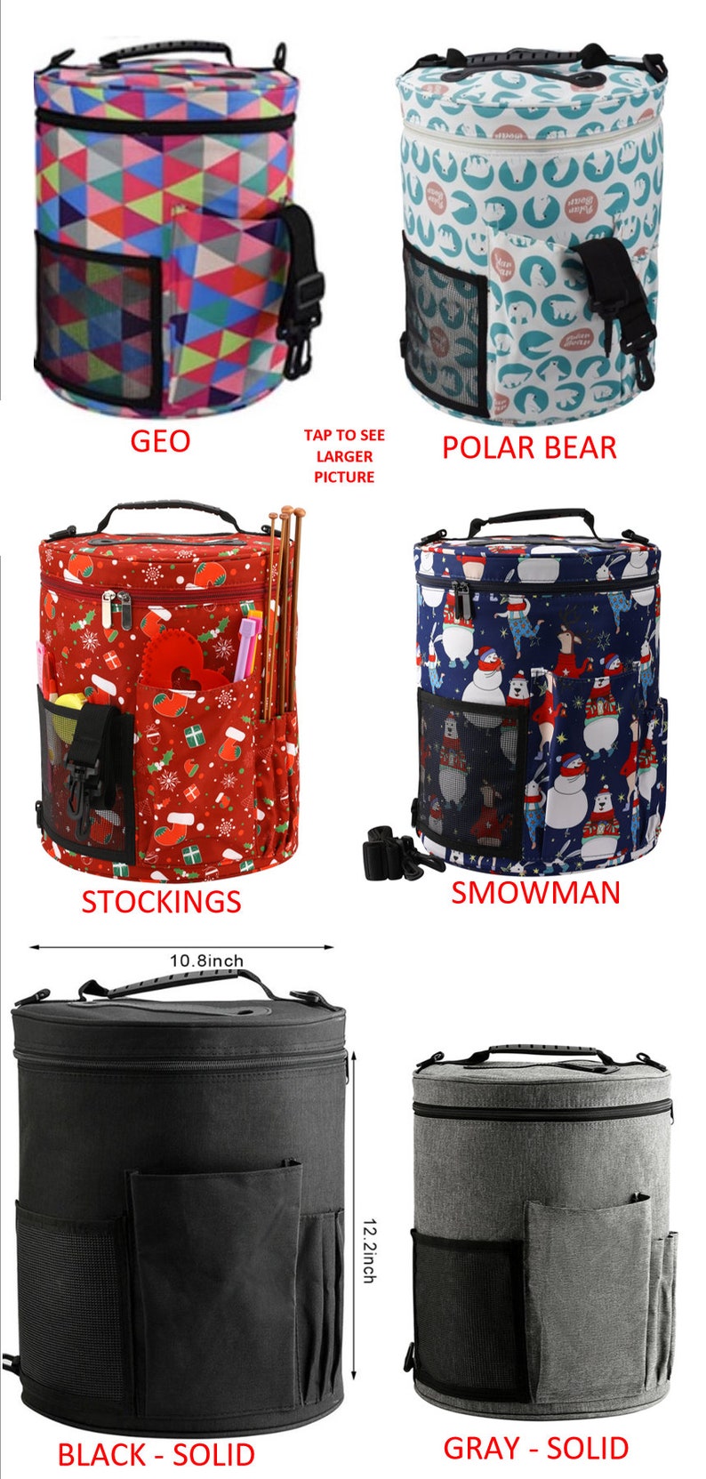 Puede incluir: Diez bolsas de almacenamiento de hilo en varios colores y patrones. Las bolsas son cil&iacute;ndricas y tienen un asa en la parte superior. Las bolsas est&aacute;n hechas de tela y tienen un bolsillo de malla en el lateral. Las bolsas est&aacute;n etiquetadas con los siguientes nombres: Geo, Oso polar, Medias, Hombre de nieve, Negro - S&oacute;lido, Gris - S&oacute;lido. Las bolsas tienen un di&aacute;metro de 10,8 pulgadas y 12,2 pulgadas.