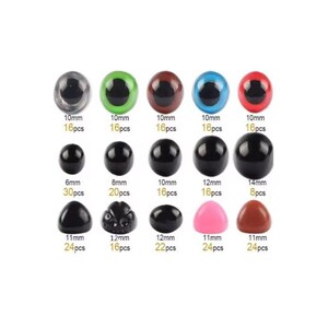 May include: Assortment of plastic safety eyes in various sizes and colors, including black, brown, green, blue, and red. The eyes are arranged in rows by size, with the smallest eyes at the top and the largest eyes at the bottom. The number of eyes in each size is indicated below each row.