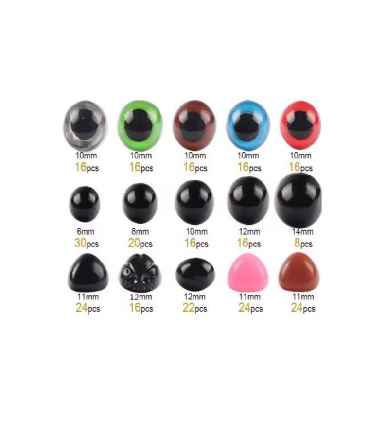 May include: Assortment of plastic safety eyes in various sizes and colors, including black, brown, green, blue, and red. The eyes are arranged in rows by size, with the smallest eyes at the top and the largest eyes at the bottom. The number of eyes in each size is indicated below each row.