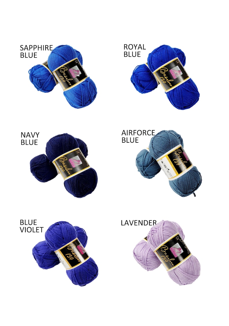 Puede incluir: Surtido de ovillos de lana azul y morado, cada uno etiquetado con "Bamboo 139" en diferentes tonos de azul, incluyendo azul zafiro, azul real, azul marino, azul fuerza a&eacute;rea y azul violeta, y un ovillo lavanda.