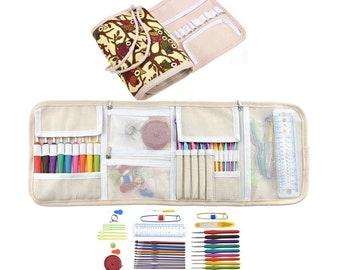 May include: A beige canvas roll-up case with multiple compartments for storing knitting needles, crochet hooks, and other craft supplies. The case is open to reveal a variety of colorful knitting needles and crochet hooks.