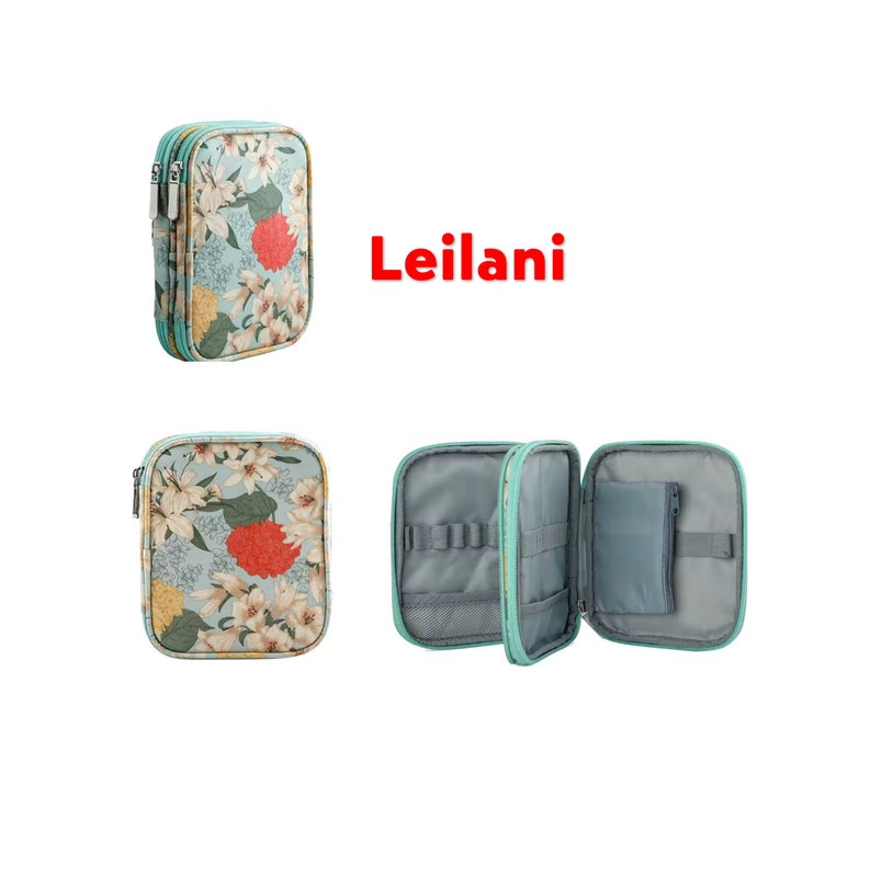May include: A teal zippered pouch with a floral print and a gray interior. The pouch is open to reveal a zippered pocket and multiple slots for holding small items. The text "Leilani" is printed in red letters on a white background.